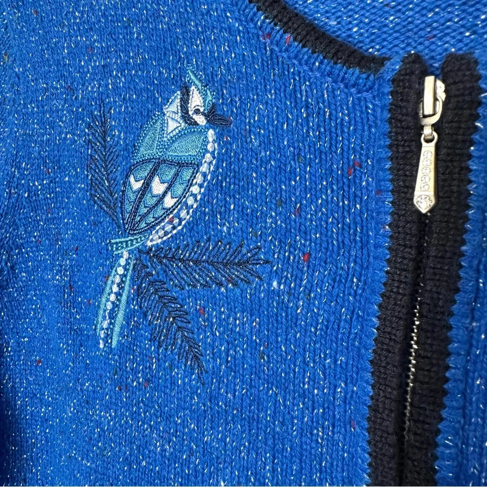 Grannycore Kitschy Blue Jay Embroidered Cottagecore Shimmer Knit Cardigan - Picture 7 of 12